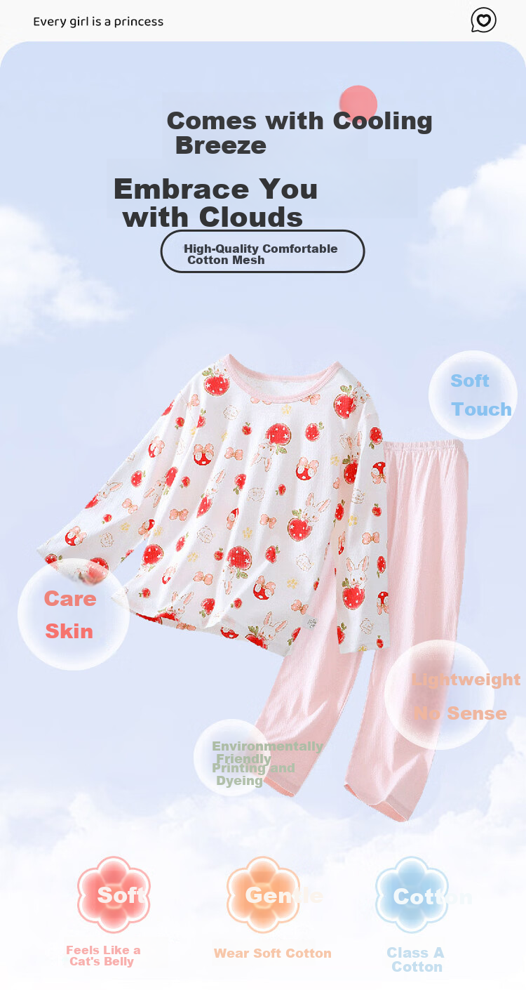 DEESHA Children's Clothing, Kids' Loungewear, Big Girls' Pajamas, Children's Air Conditioning Wear, Sweet Orange Rabbit White Flower, Size 110 1