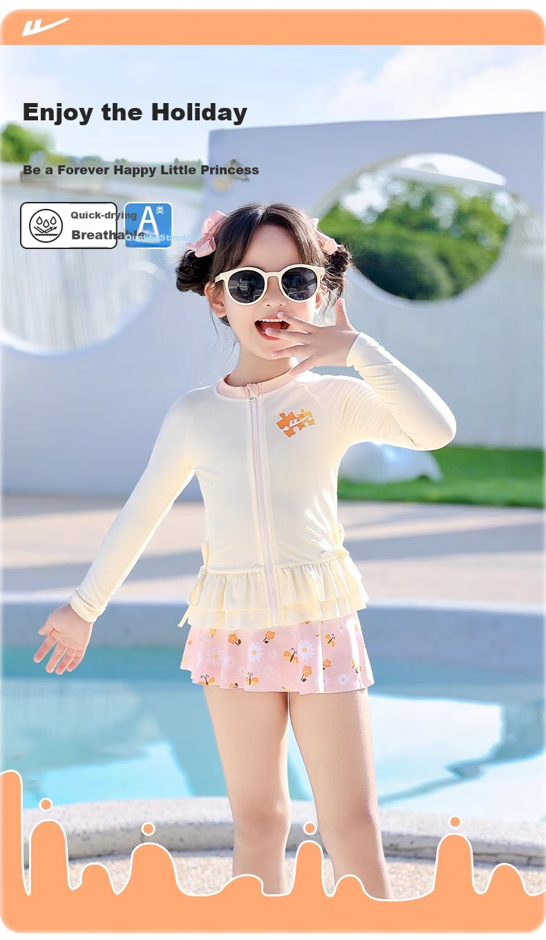 Huili Children's Swimsuit Girls' Two-Piece Set for Small to Large Kids Baby Hot Spring Play Swimming Three-Piece Set 35150 Off-White L 1