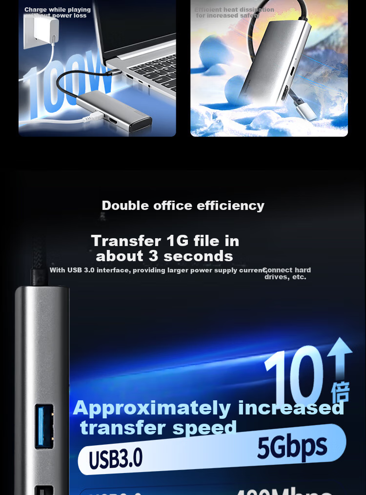 Lenovo Type-C Expansion Dock, USB Hub Splitter, USB Extender Hub, HDMI 4K HD PD 100W Converter, Laptop Expansion Dock BY05-H1 (Metal) 3