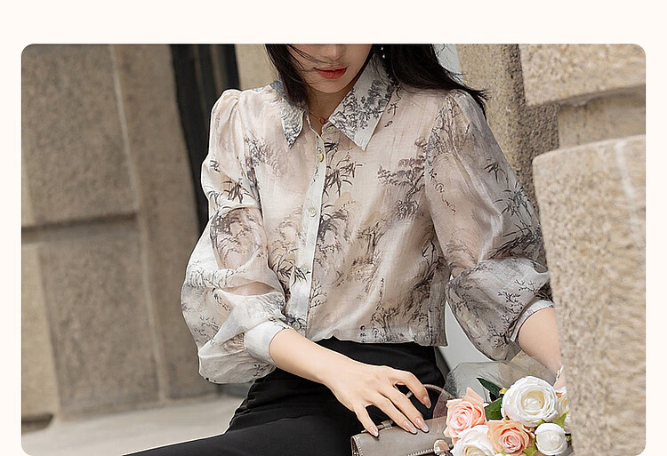 Dme [Tiansi Lianren] Autumn Chinese Style New Light-Weight Lyocell Blend Shirt, Printed Pleated Blouse, Women's Top 5