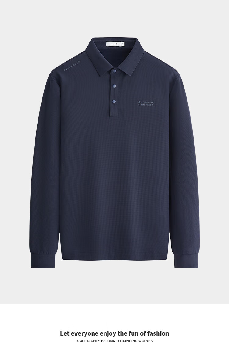 Dancing with Wolves [High Elasticity Nylon] Commuter Versatile Brushed Stretch Light Business Men's Long Sleeve Polo Shirt 102 Dark Blue L 2