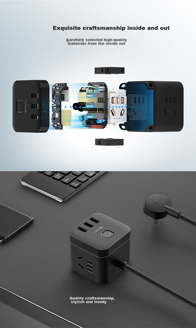 BULL Cube USB Power Strip/Extension Cord/Power Bar/Outlet Strip 3 USB Ports + 3 Sockets, 3 Meters Long, Black, GN-U303H Master Switch 6
