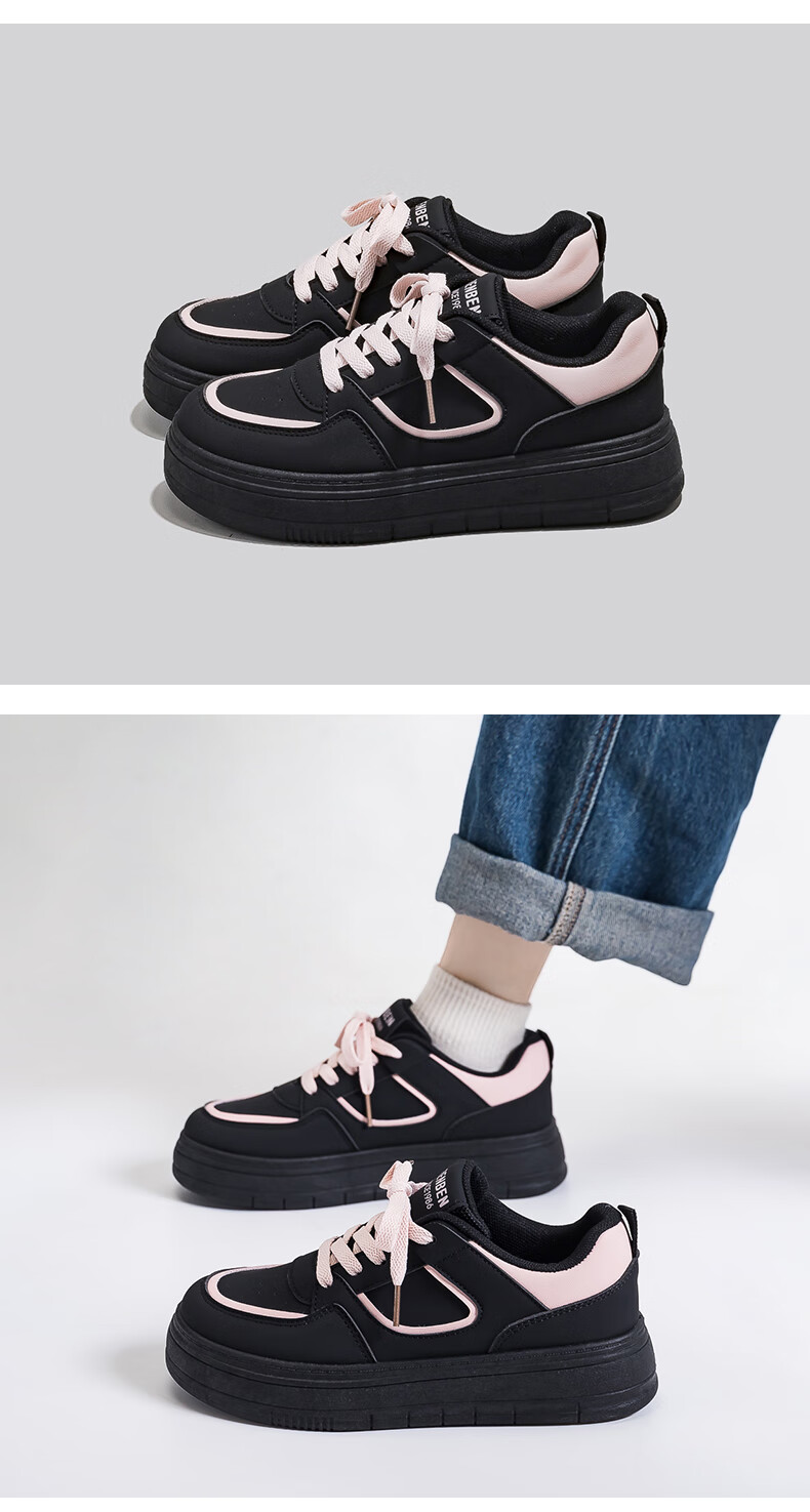 RENBEN 2026 Spring New Chic Original Black and Pink Casual Breathable Thick-Soled Sports Sneakers White Shoes 5