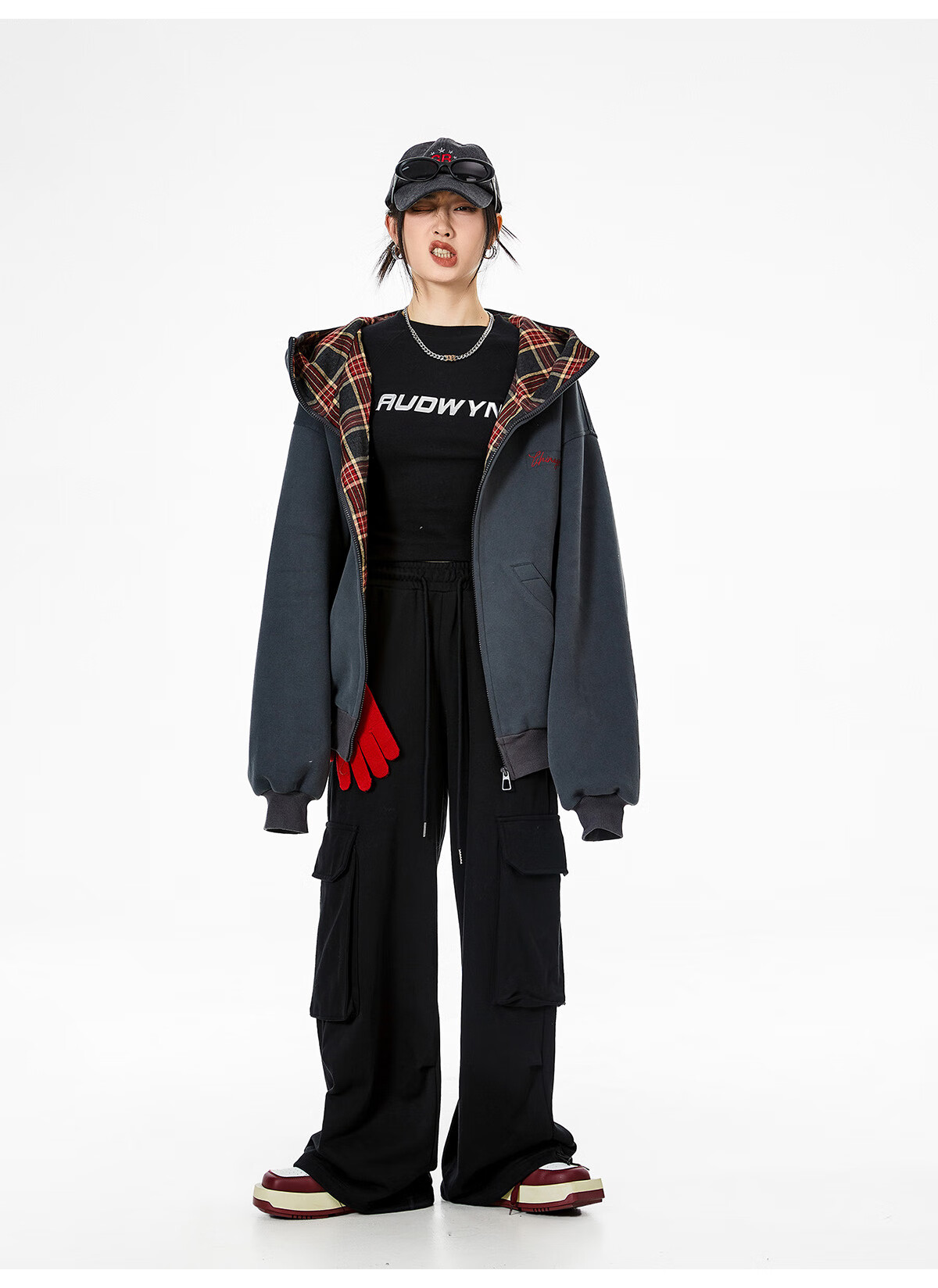 ICH MODE Celebrity Style American Plaid Patchwork Cardigan Sweatshirt Autumn Jacket Sports Cardigan Top Women Heather Gray XL 16