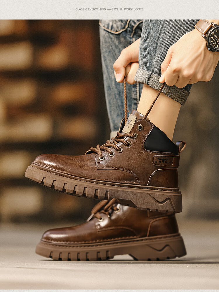 Bull Family Autumn Winter New Martin Boots Men's Outdoor Trendy Work Boots Versatile Retro Mid-High Lace-Up Boots for Men 10