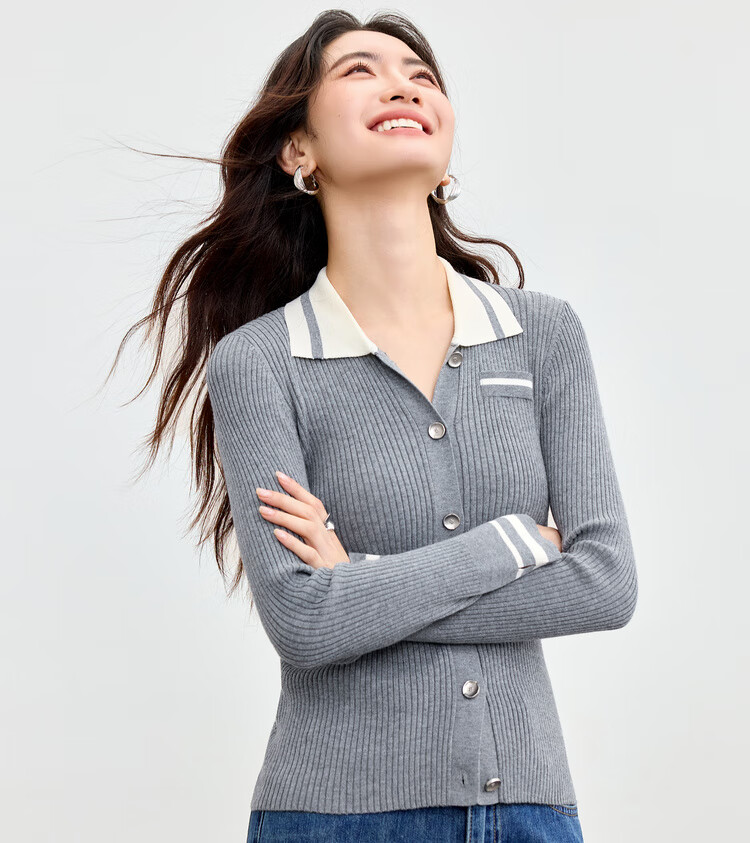 Sentubila Wool-Blend College Style Knit Sweater Women Autumn Colorblock Striped Polo Collar Hollow Out Split Slim Top 8