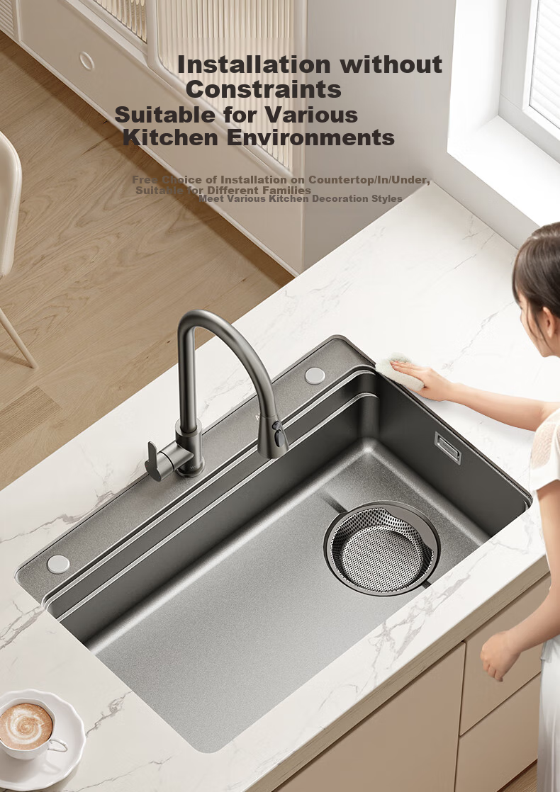 ARROW Kitchen Sink Gun Gray Nano Wide-Edge Large Single Bowl, Integrated Undermount Sink for Kitchen, Dishwashing And Vegetable Washing Table 20