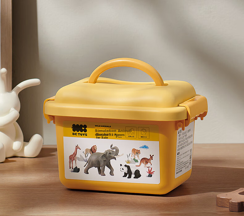Babycare &bct Animal Simulation Toy Bucket with Panda, Tiger, Lion And Giraffe Models, Birthday Gift for Boys And Girls Aged 3+ 5