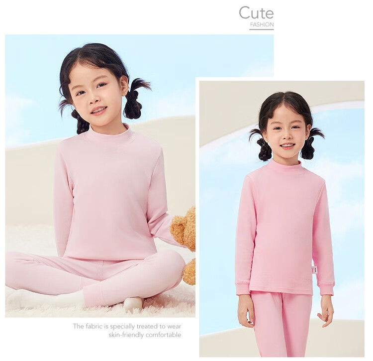 THREEGUN Kids Class A Soft Cotton Boys and Girls Half Turtleneck Long Sleeve Underwear Set Light Pink 120 27