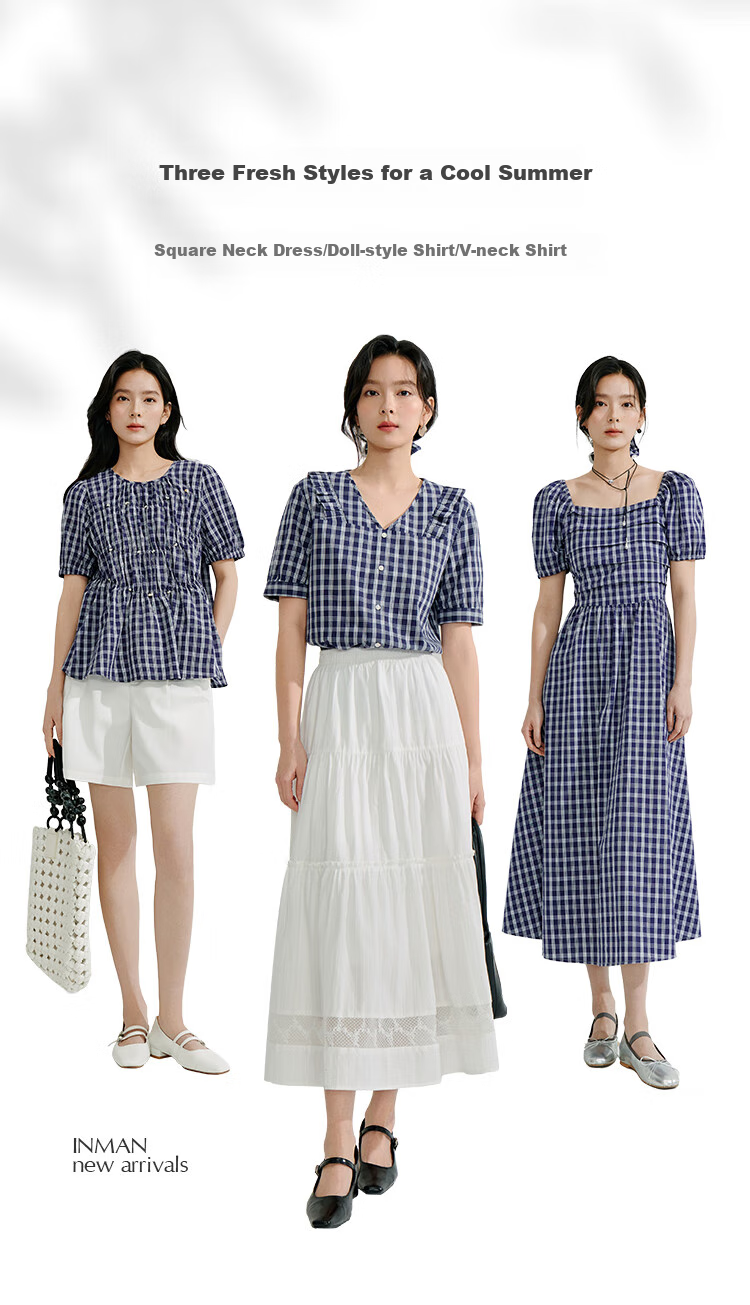 INMAN French Plaid Dress Summer Women's Versatile Puff Sleeve A-Line Skirt Navy Blue S 3