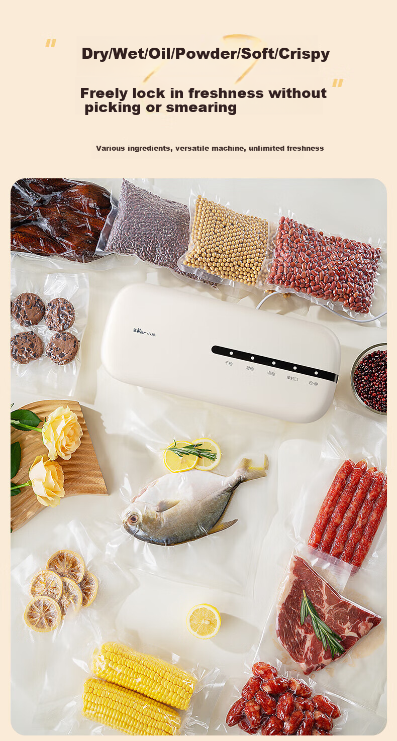 Bear Vacuum Sealer Multi-Use for Dry and Wet, High Power, Strong Suction, Automatic Small Household and Commercial Vacuum Packaging Sealer, Vacuum Compression Plastic Sealing Machine, Odor Prevention, 8