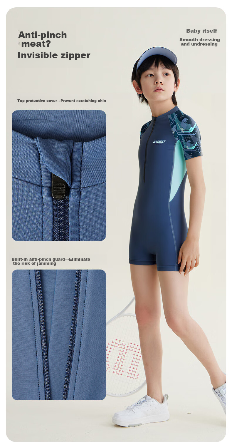 Li-Ning Youth Swimsuit, Boys' Comfortable Sports One-Piece Short-Sleeve Boxer Briefs, Professional Training Swimwear, 8512 Gray Blue, Size 160 8