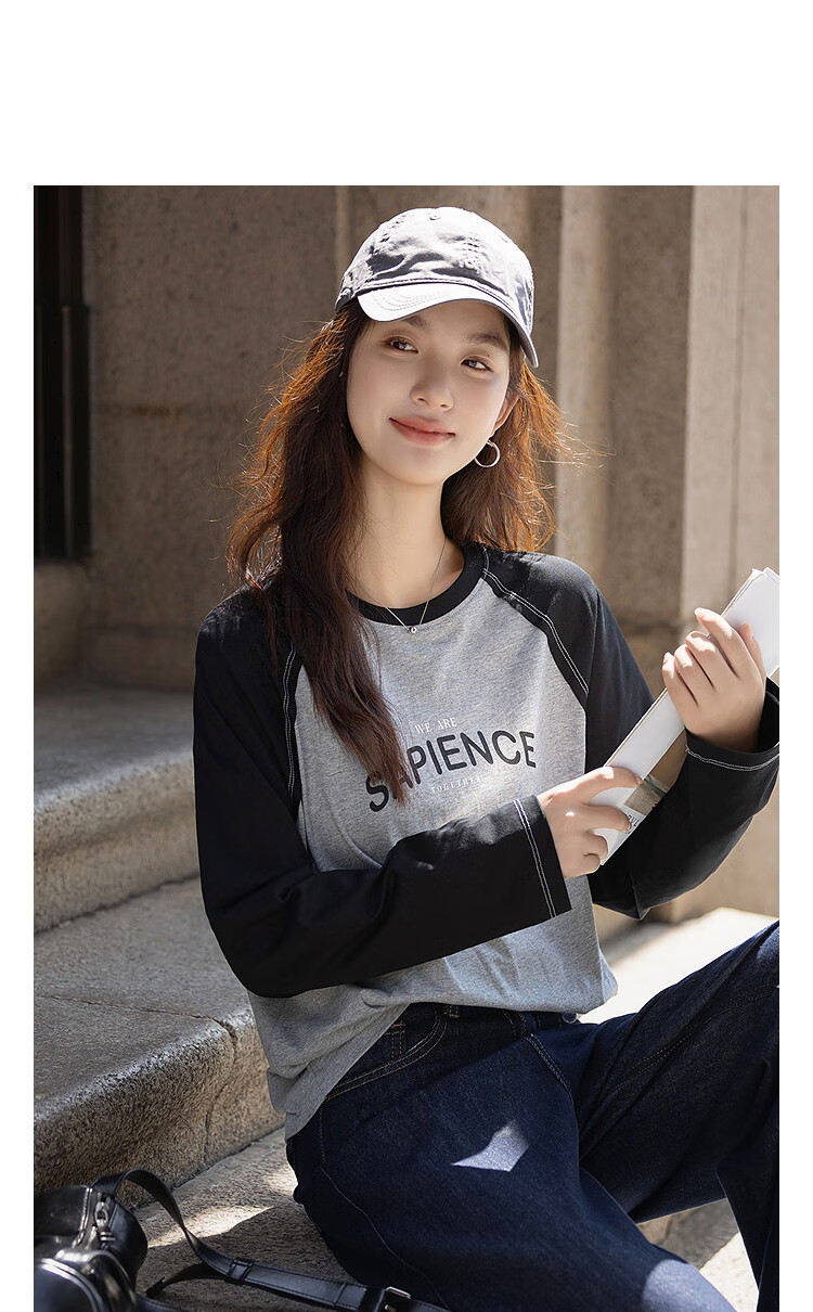 Demna【Light Enjoy Pure Cotton】Autumn American Leisure Splicing Round Neck Letter Print Elasticity Slimming Temperament Women's T-shirt 4