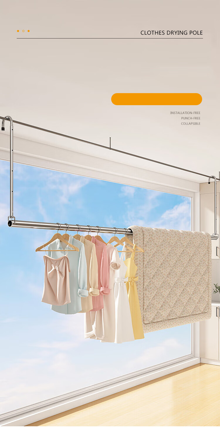 Huakaizhixing Retractable Clothes Drying Rack, Extendable Laundry Hanger for Home Balcony, Stainless Steel No-Drill Extension Pole YJ70 2.4 Meters 2