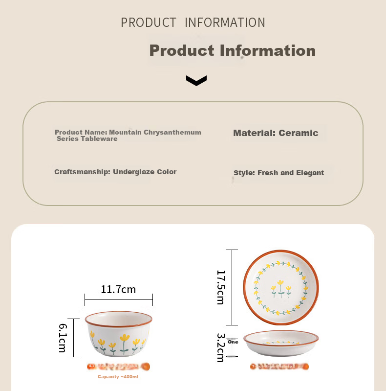 CERAMICS Underglaze Ceramic Bowl And Plate Dinnerware Set, Simple Home Dining Set with Rice Bowls, Plates, Chopsticks And Complete Tableware Set, Mountain Chrysanthemum Pattern, 8 Pieces 9