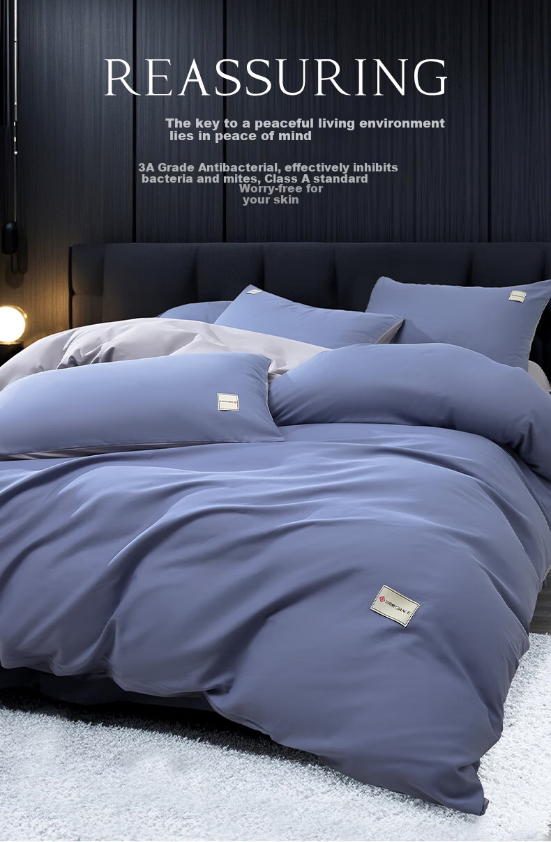 Grace Class A 7A Antibacterial Pure Cotton Xinjiang Cotton Bedding Set of Four Pieces, Duvet Cover 200*230cm, for 1.5/1.8m Bed, Royal Blue + Light Gray 7