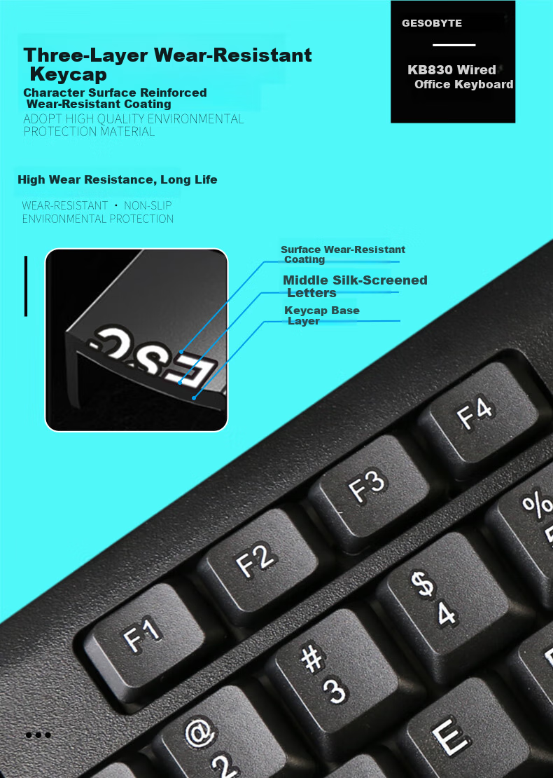 GESOBYTE K830P Keyboard Wired Office Keyboard 104 Keys Water-Resistant PS2 Round Port Desktop Computer Keyboard Black 4