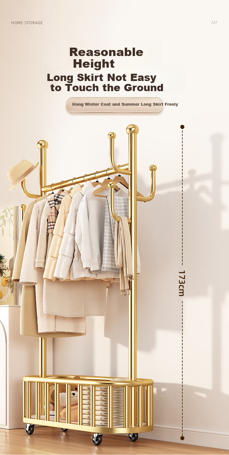 YOUQIN Floor-Standing Coat Rack, Bedroom Clothes Hanger, Home Indoor Drying Rack, Storage Shelf, Movable Clothing Organizer Stand 12