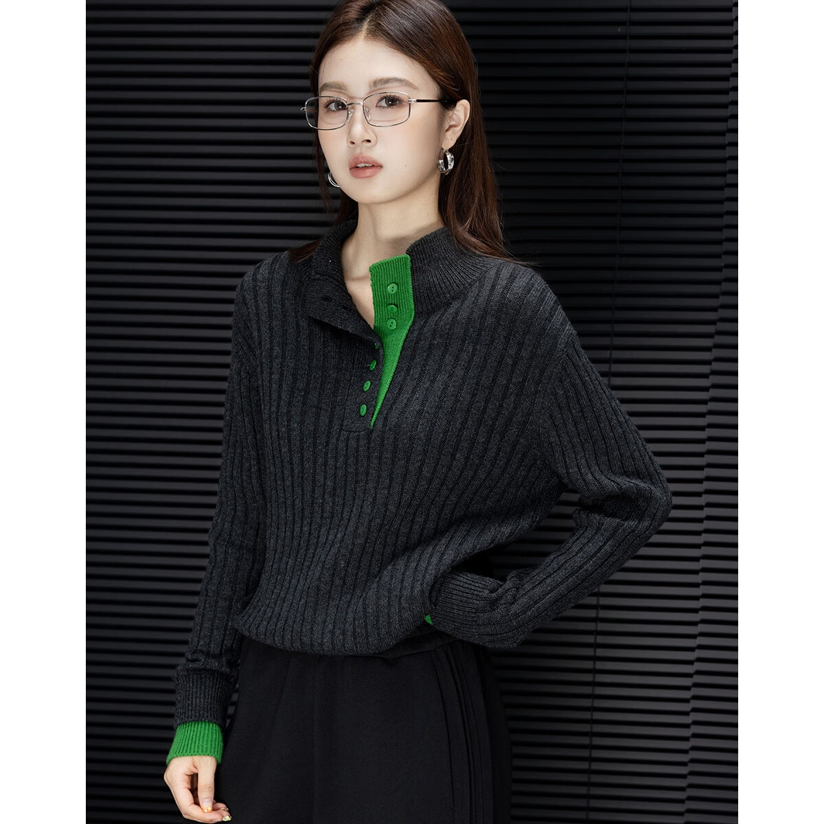 Demana [Cloud Breath Wool] Winter Elegant Stand Collar Half-Placket Colorblock Soft Stretch Slimming Knit Sweater Top