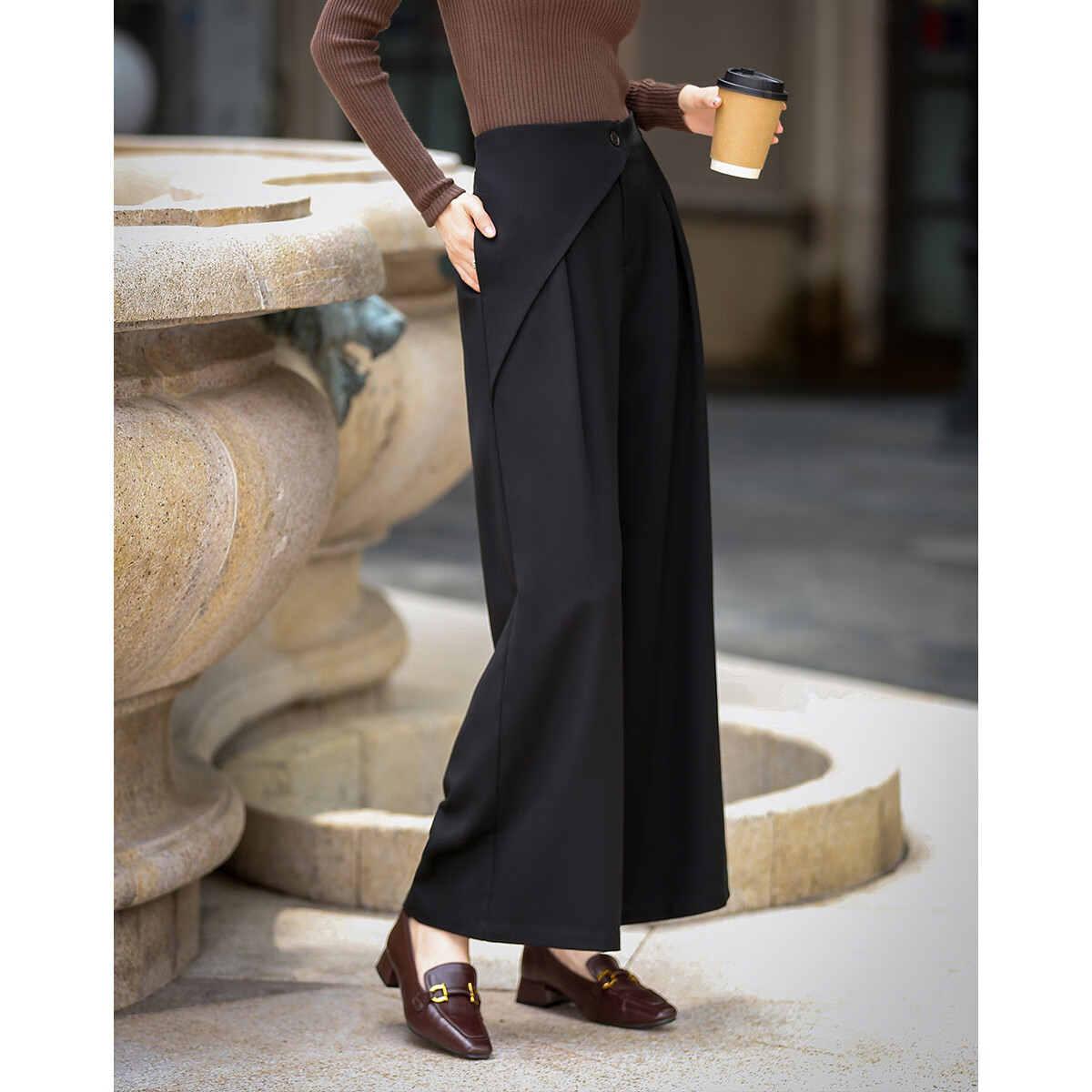 Dme [Relaxed Female Writer] Autumn Simple Style Patchwork Pleated Waist Wide-Leg Pants Petite Women's Casual Trousers
