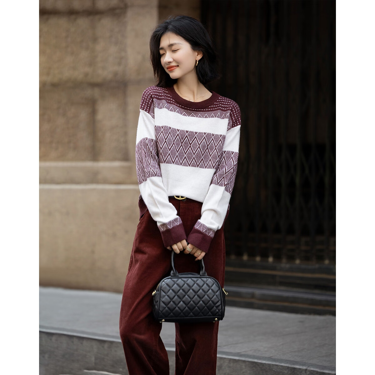 Demana 100% Merino Wool Autumn Plush Brushed Jacquard Knit Sweater with Ribbed Cuffs for Women