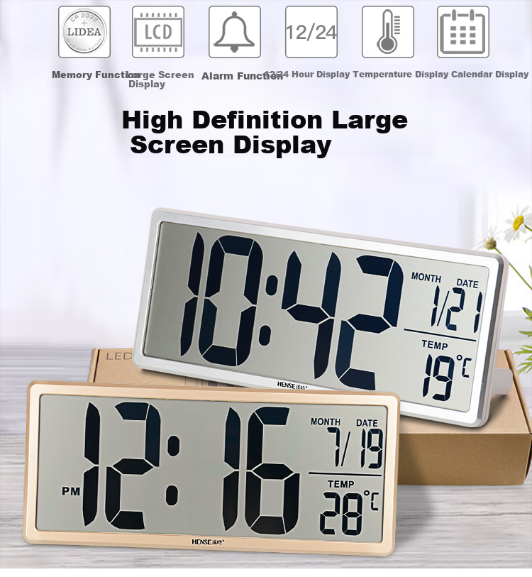 Hense Creative Electronic Clock Perpetual Calendar Large Screen Wall Clock, Table Clock, LCD Display Alarm Clock, Living Room Floor Clock HA88 Gold 36cm Back-To Seaso 2