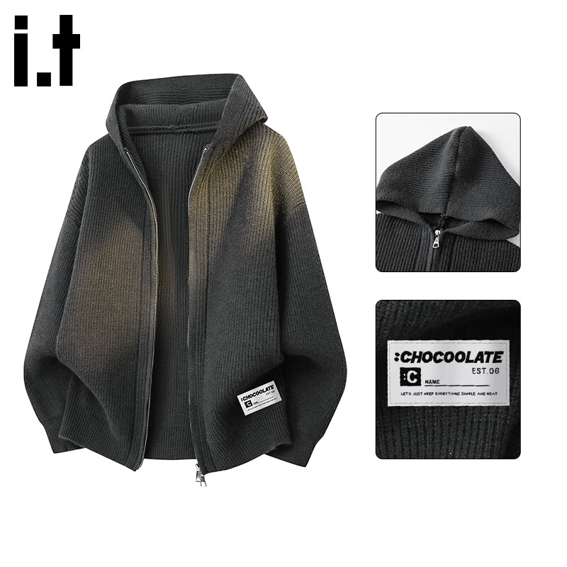 :CHOCOOLATE IT Hooded Knit Cardigan Men's Autumn New American Streetwear Casual Jacket Black Gray M