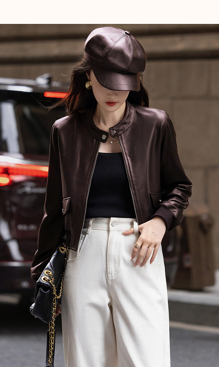 Demana Minimalist Unisex Autumn Motorcycle Style Sheepskin Stand Collar Comfortable Slimming Fashionable Short Jacket for Women 9