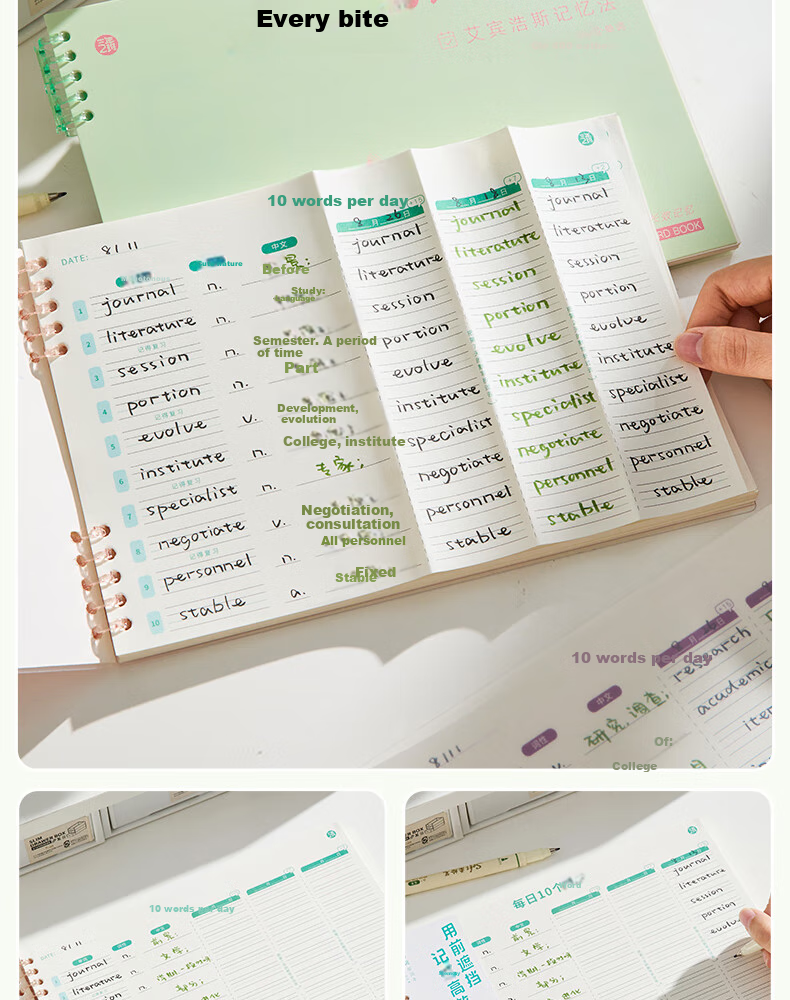 Sannianerban B5/40 English Vocabulary Notebook, Elementary And Middle School Students' Word Memorization Tool, Postgraduate Exam Aid, Ebbinghaus Forgetting Curve, Word Dictation Loose-Leaf Pages, Daily 10 Words, Qingyu Pink-Gree 4