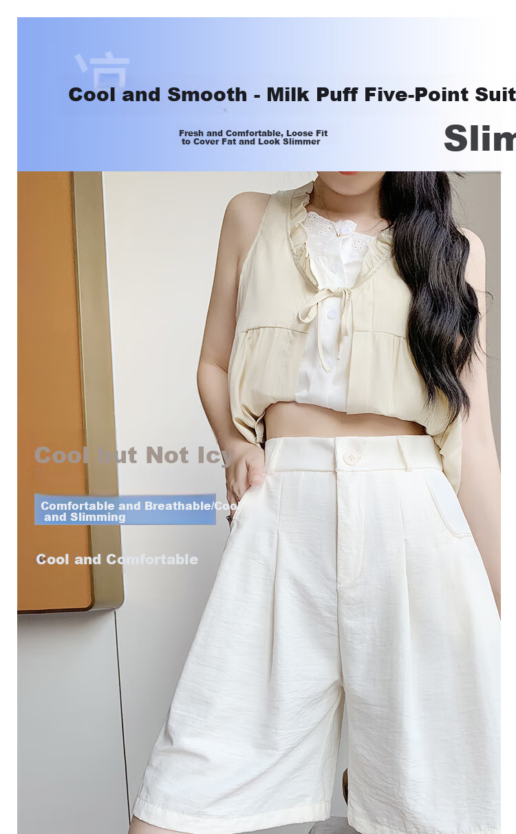 BOPRUIEY Milk Puff Yamamoto Shorts for Women, New Summer 2025 Style, Commuter Loose High-Waist Casual Slimming Suit Knee-Length Pants 1