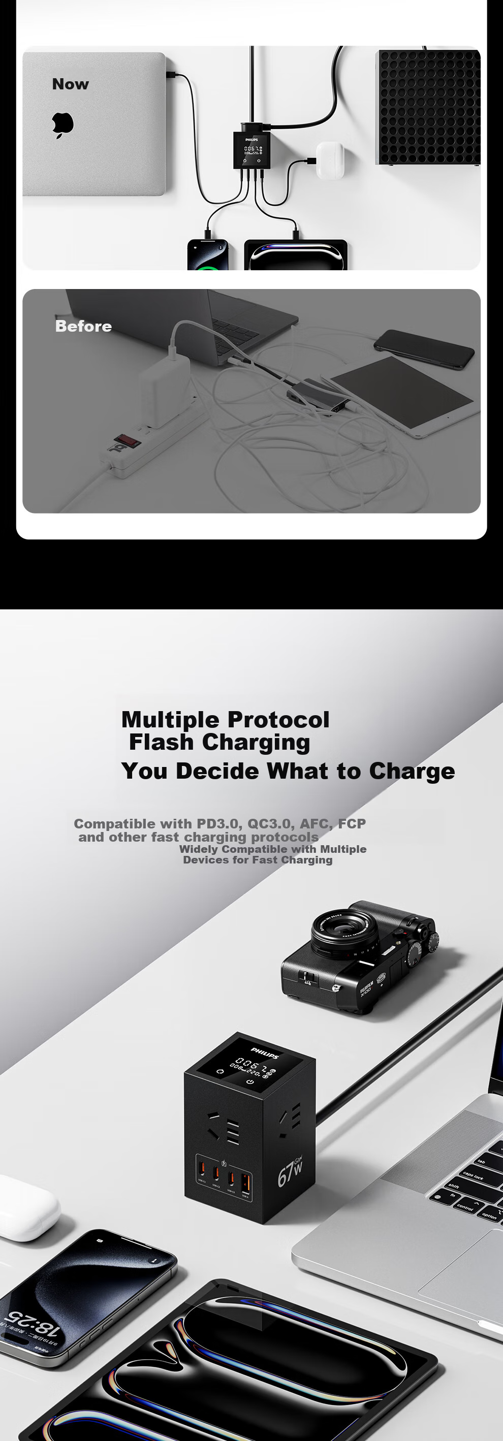 PHILIPS Desktop Charging Station, Gaming Power Strip, 67W Vertical Digital Display Socket, Gallium Nitride USB Outlet, Multifunctional Smart Fast Charging Extension Cord, Multi-Port Power Strip Suitable for IPhone 18 11
