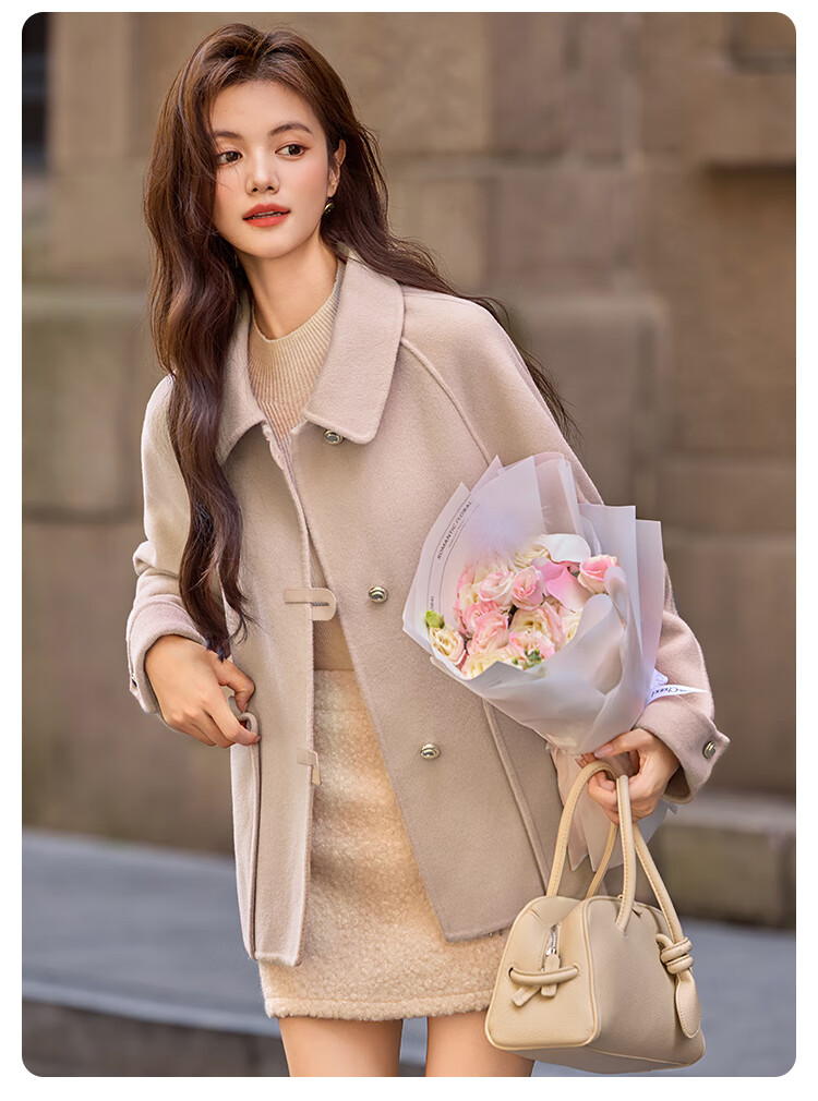 Bailuyu Lapel Full Wool Double-Sided Felt 25 Winter New Straight Slim Short Coat Jacket Women Almond Color S 10
