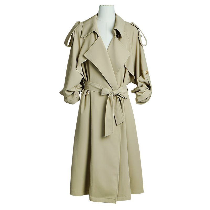 Olrain French Style Trench Coat for Women, Autumn Wear, Petite Figure, Elegant Commuter Mid-Length Coat, Apricot Color, XL Size