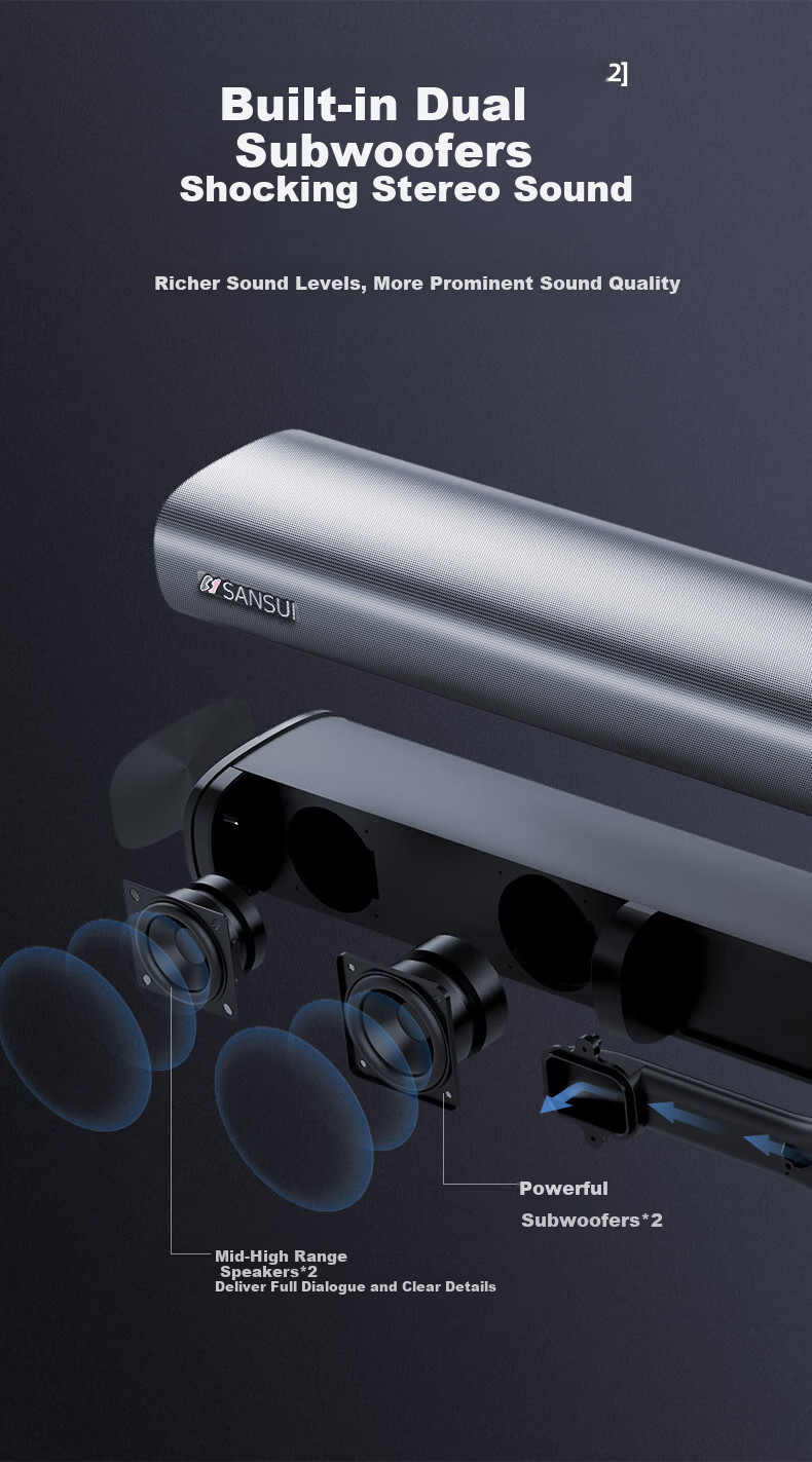 SANSUI DV-92A Soundbar Speaker, Home Theater System, Bluetooth Smart Speaker, Bar-Shaped Speaker, Wall-Mounted Speaker, Independent Subwoofer 10