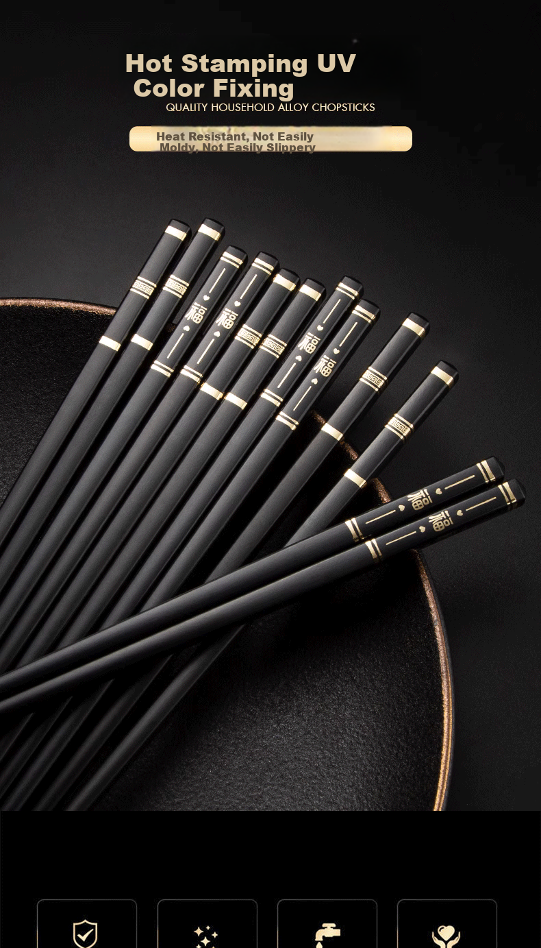 Cigeman Alloy Chopsticks for Home Use, Set of 10 Pairs, Non-Slip, Heat-Resistant, Color-Coded Chopsticks And Tableware Set 1