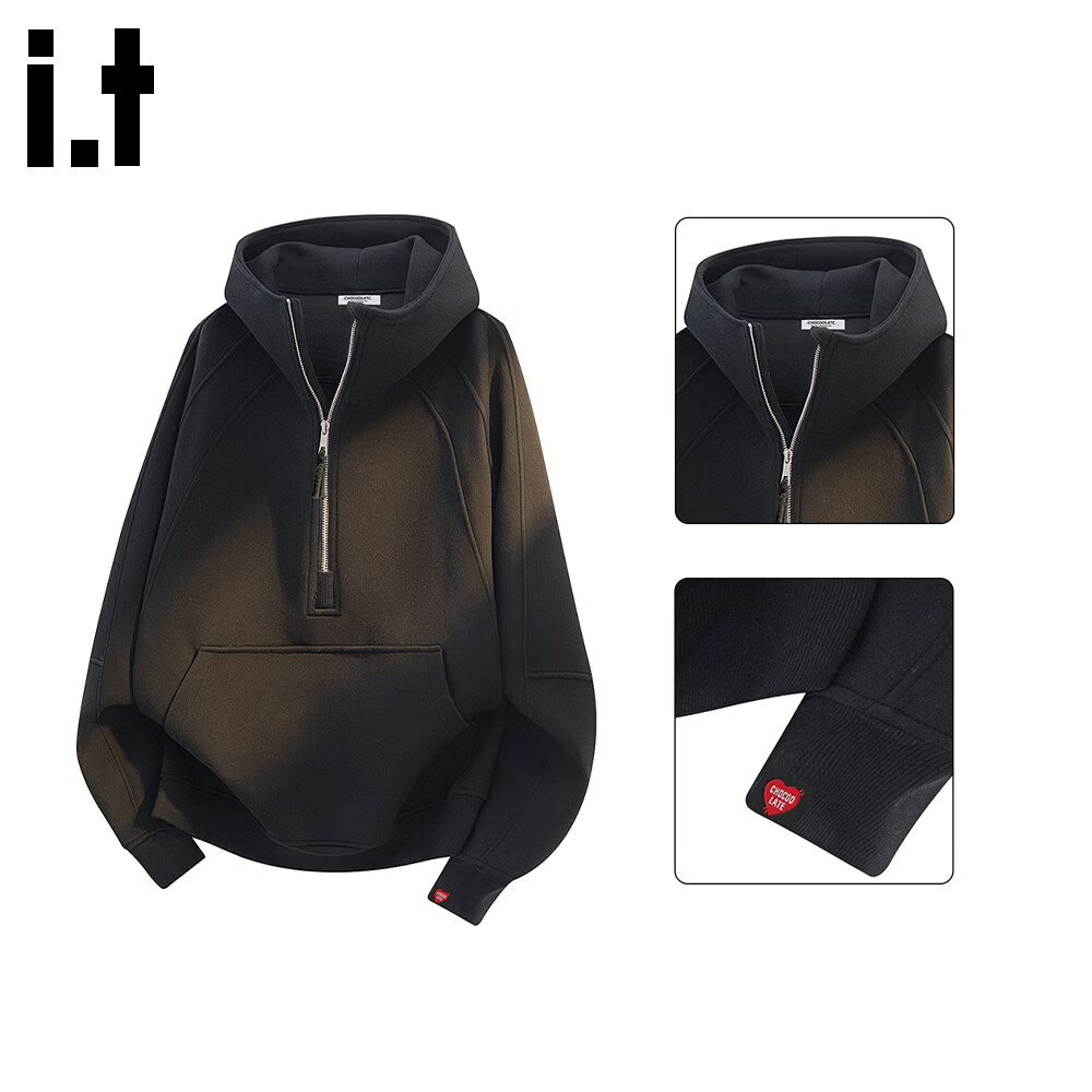 :CHOCOOLATE IT American Style Hoodie Women Autumn Heavyweight High Street Half-Zip Casual Top Black 2XL