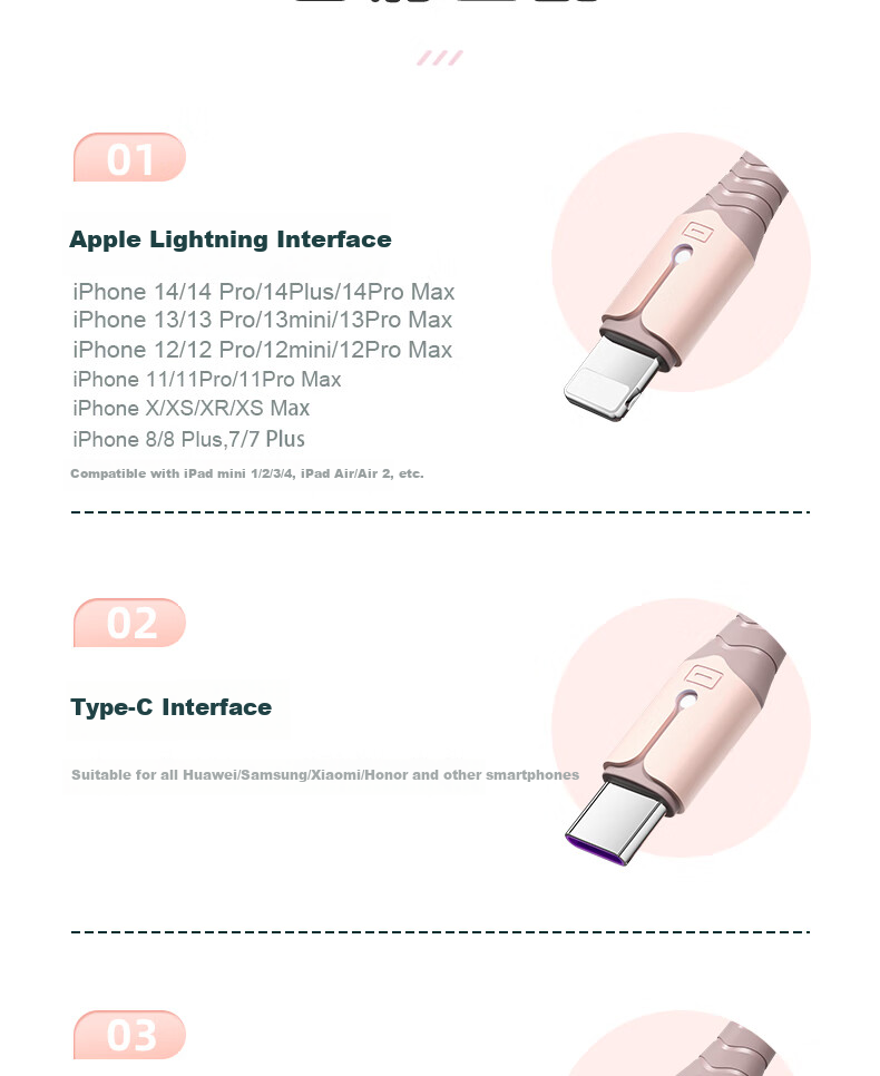 Nengshi Three-In Charging Cable, Fast Charging Compatible with Apple IPhone14/Typec And Android Devices, Three-Headed Cable for Xiaomi/Huawei, 66W, 0.6 Meters, Pink 16