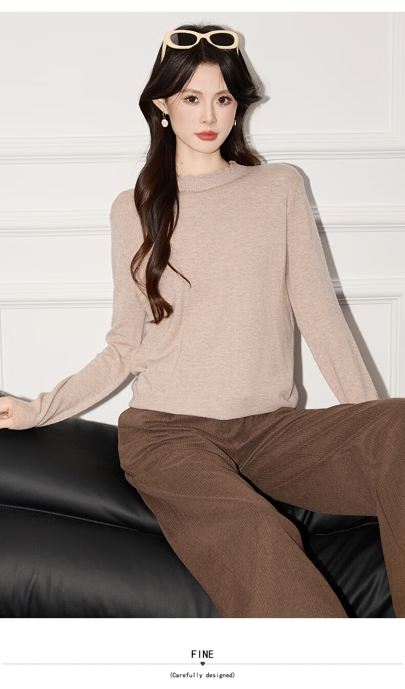 Jeanswest Women's Summer Soft Knit Casual Long Sleeve Lace Trim Round Neck Camel One Size Top 10