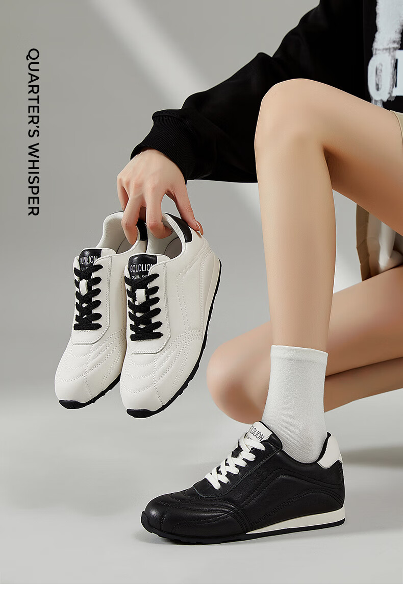 Goldlion Women's Shoes 2025 Autumn Small Height Increase German Training Shoes Leather Casual Sneakers G665540058 Black Size 37 3