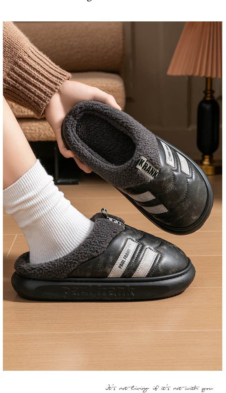 Paul Frank Fleece Lined Cotton Slippers Women Autumn Winter Thick Warm Plush Indoor Home Slippers Thick Sole Men 6534 Gray Size 38-39 6