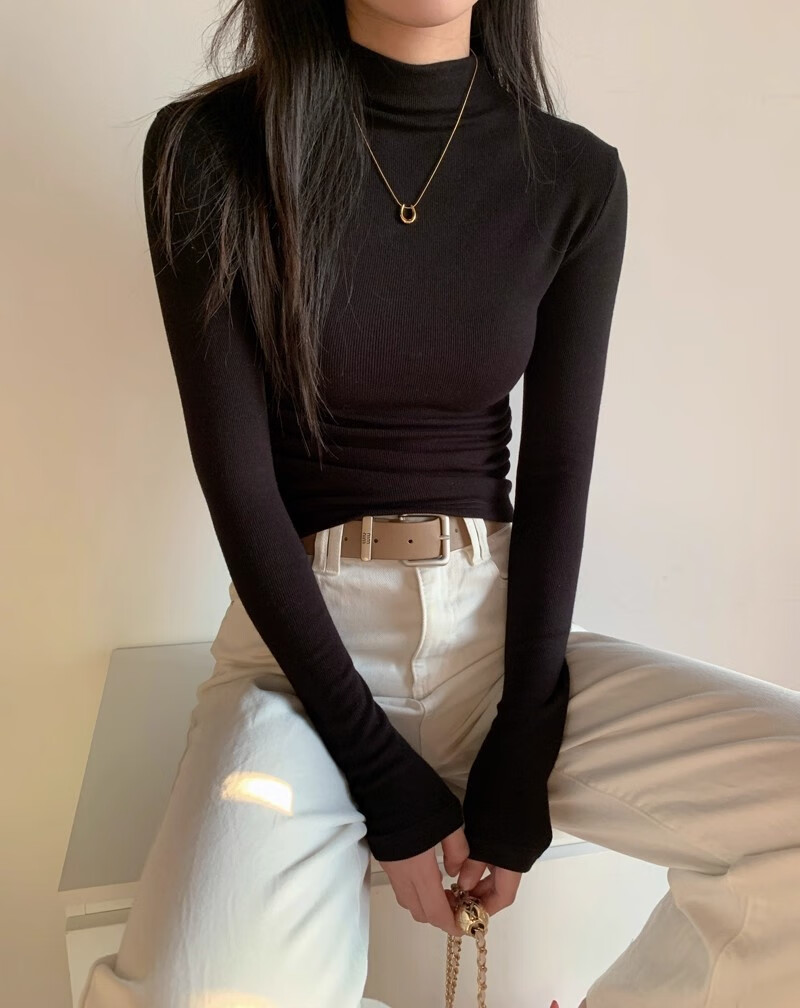 La Chapelle Women's Semi-Turtleneck Slim Fit Lightweight Knit Top Autumn Winter Black L 10