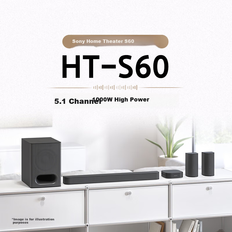 SONY HT-S60, 1000W High Power, 5.1 Physical Channel, Surround Sound, Wireless Rear Surround, Soundbar, Home Theater, Bluetooth