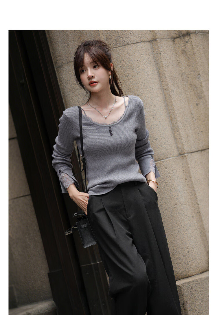 MT Slim Fit Short Wool Blend Lace Splice U-Neck Knit Sweater for Women - Autumn Collection 2