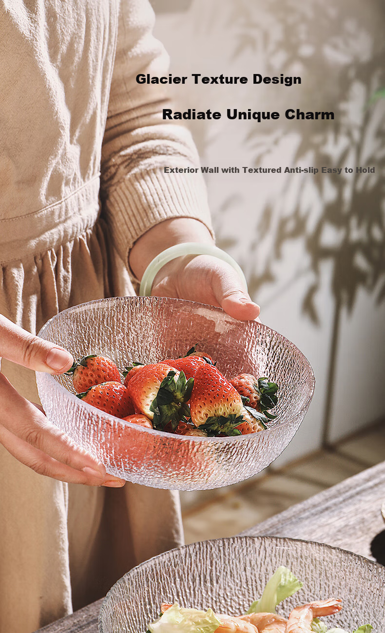 CRISTALGLASS Glacier Glass Salad Bowls Set of 3 - Transparent Round Glass Bowls for Home Use, Vegetable Fruit Plate, Yogurt Dessert Bowls 3