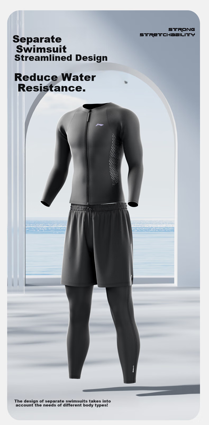 Li-Ning Men's Long-Sleeve Two-Piece Swimsuit, Anti-Embarrassment Jellyfish Suit for Hot Springs, Surfing, And Diving Set 8407 L 10