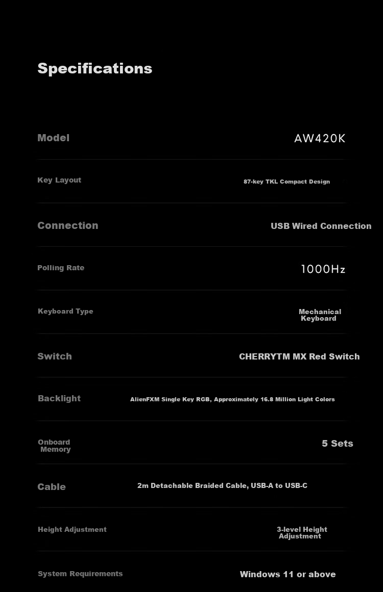 Alienware AW420K Wired Gaming Mechanical Keyboard with Red Switches, RGB Lighting, 87 Keys, TKL Layout, Fully Programmable, Holiday Gift, Black 23