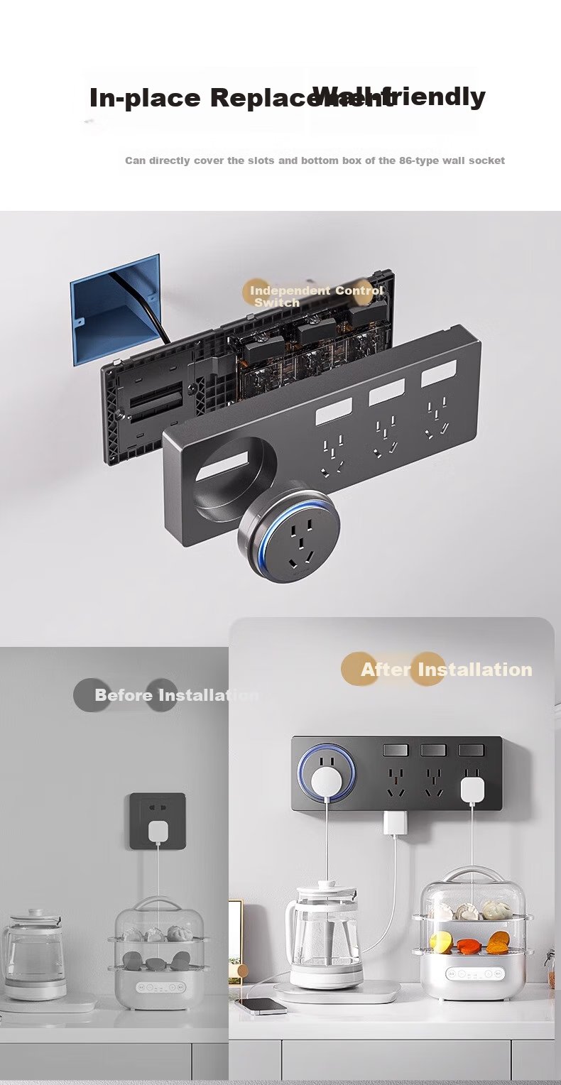 AUX 86 Concealed Extension Socket, White with Switch, No Drilling Required, Multi-Functional Converter, Three Outlets, 26 Holes, Left Expansio 3