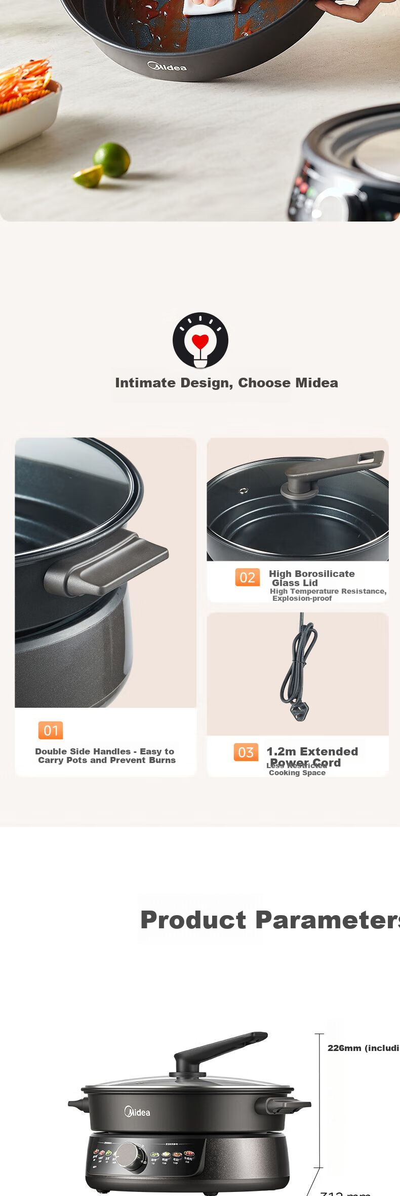 Midea Electric Hot Pot, 6L Capacity, Household Antibacterial Multi-Functional Cooker, Detachable Steamer, Deep 9CM, Suitable for Steaming, Boiling, Frying, Stir-Frying, Stewing, Braising, All-In Non-Stick Pan, Self-Operated 7