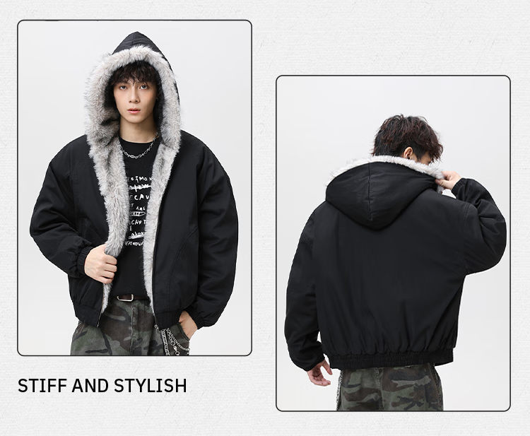 Homlean Heavyweight Fur Collar Hooded Eagle Cotton Jacket Unisex Winter Fleece Warm Couple Coat HY98 Khaki L 3