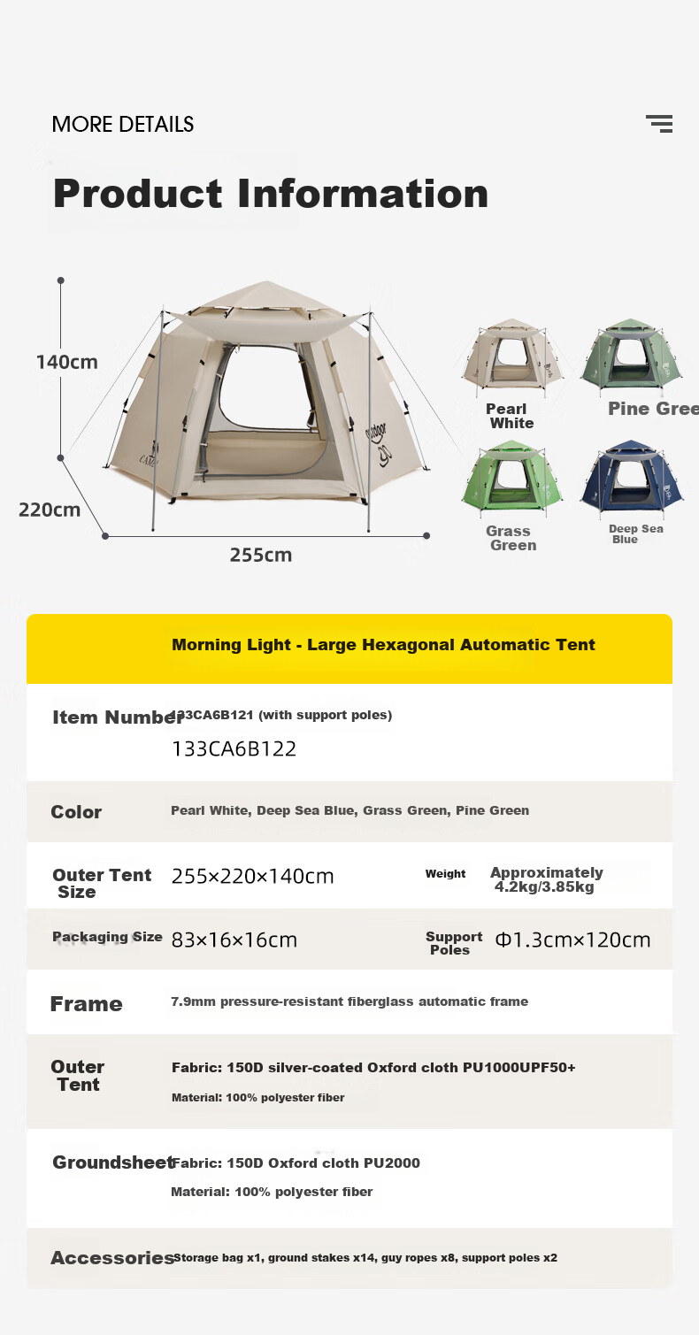 CAMEL X Outdoor Hexagonal Automatic Canopy Tent, Portable Park Camping Overnight Tent 15